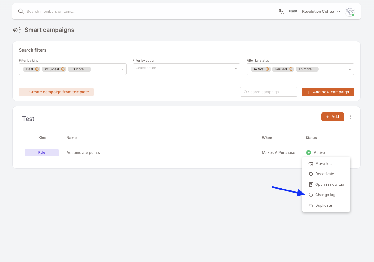 The three-dot menu on a campaign row in the Smart Campaigns list, with the Change log option highlighted