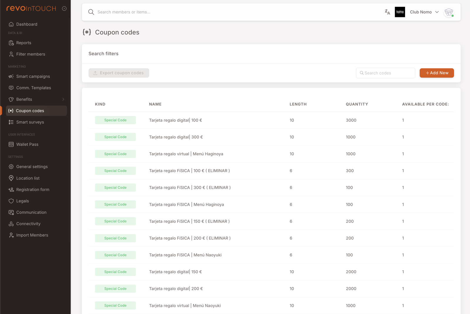 Coupon codes list view. Header "Coupon codes" with Search filters / Export coupon codes / Search codes / + Add New buttons in the toolbar. Table columns: Kind (all rows show "Special Code"), Name, Length, Quantity, Available per Code. Rows include "Tarjeta regalo digital | 100 €" (length 10, quantity 3000), "Tarjeta regalo digital | 300 €" (10, 1000), "Tarjeta regalo virtual" (10, 1000), "Tarjeta regalo FISICA | 100 €" (6, 300), and similar variants in different denominations.