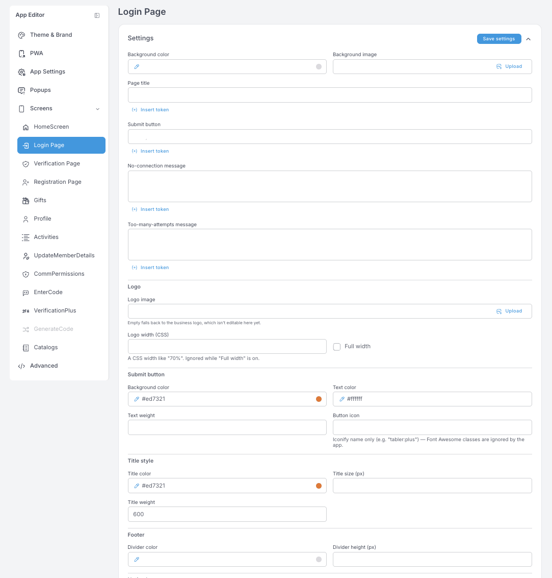 Login Page settings — background, page title, submit button, no-connection and too-many-attempts messages, a Logo block, and submit button, title and footer styling