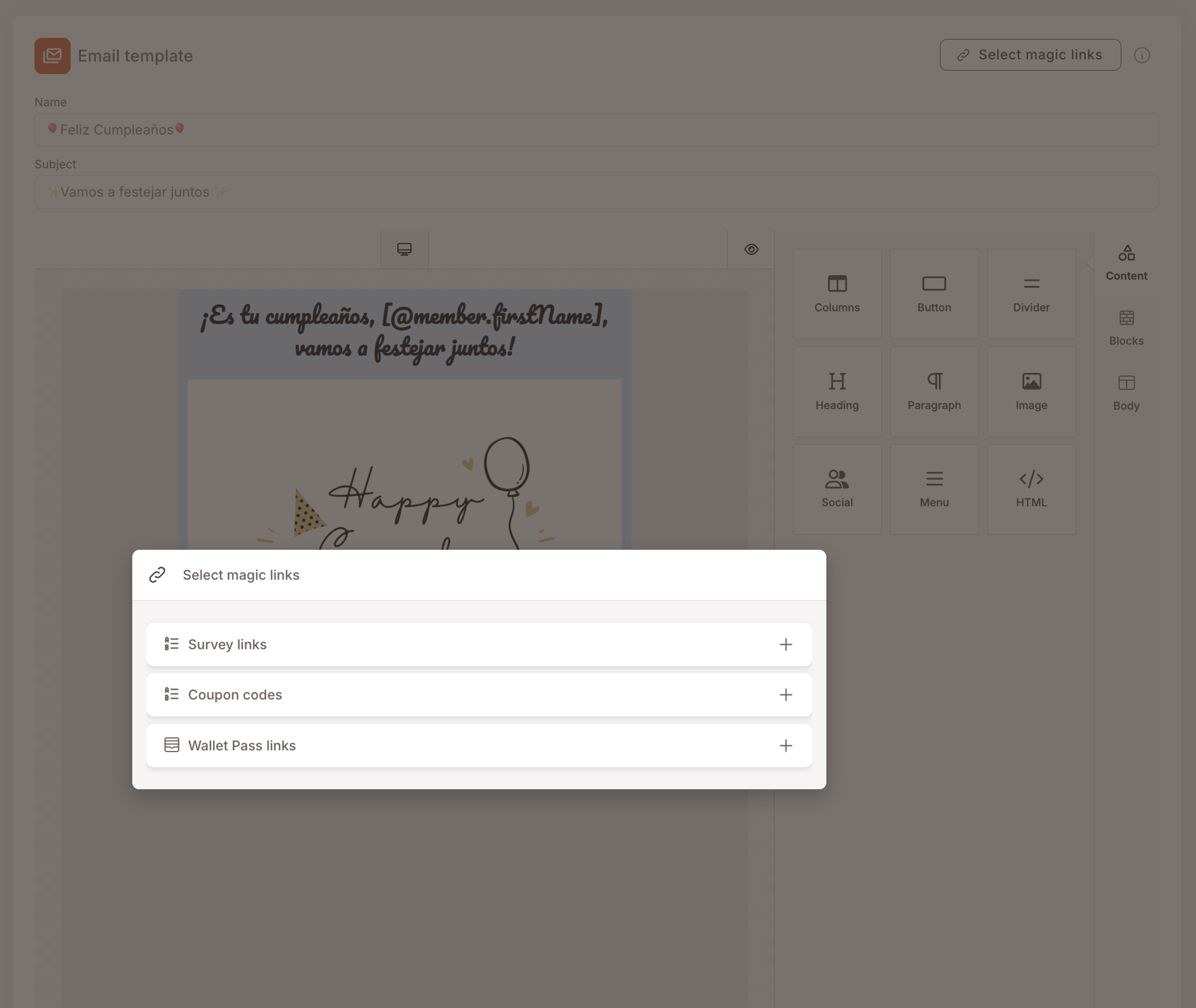 Magic links picker opened from the email template editor. Header reads "Select magic links". Three collapsible sections: Survey links, Coupon codes, Wallet Pass links — each with a + (expand) button on the right. This capture predates the Unsubscribe link section.