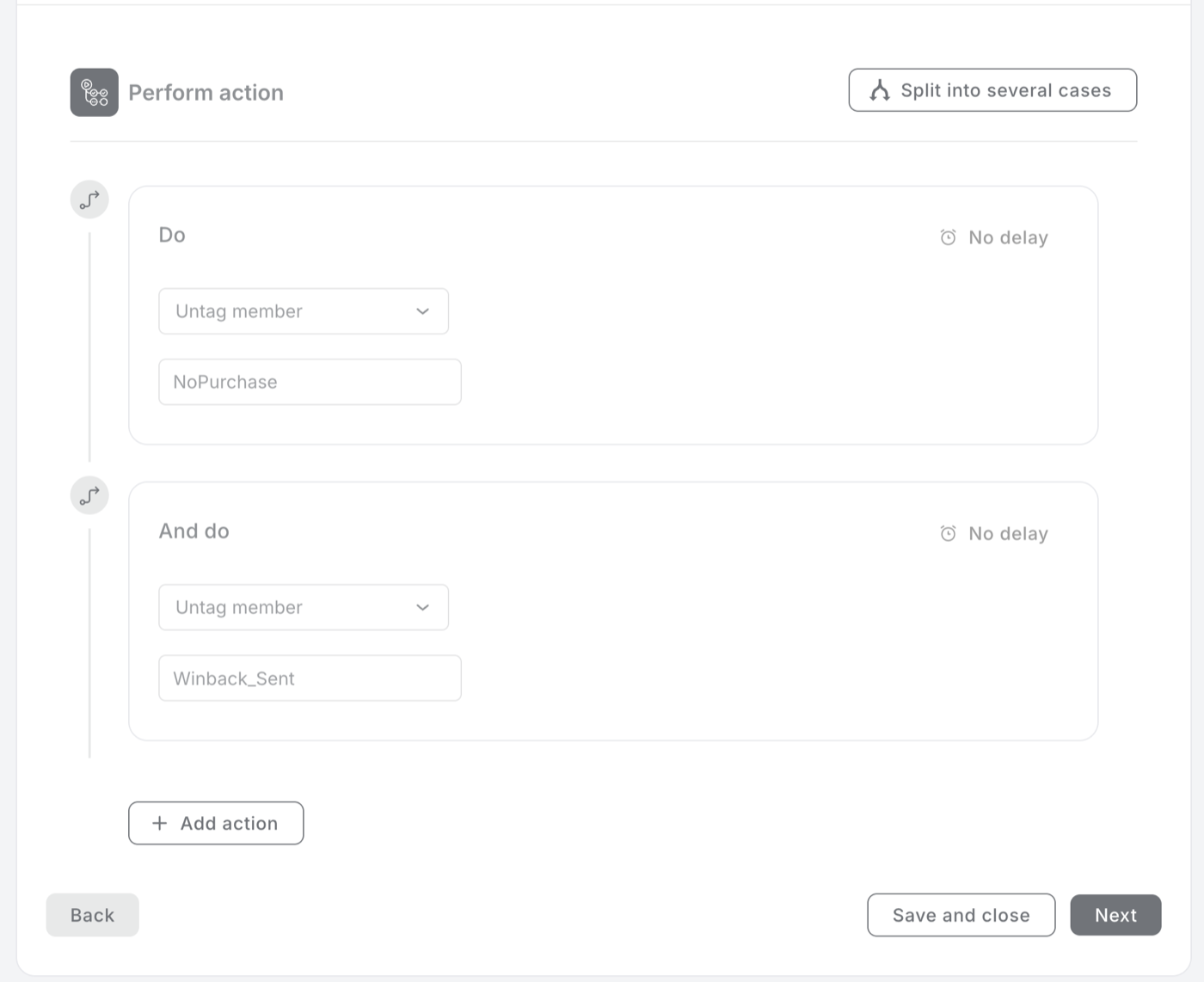 Step 3 of the Rule with two stacked actions, both on no delay: Untag member NoPurchase, and Untag member Winback_Sent