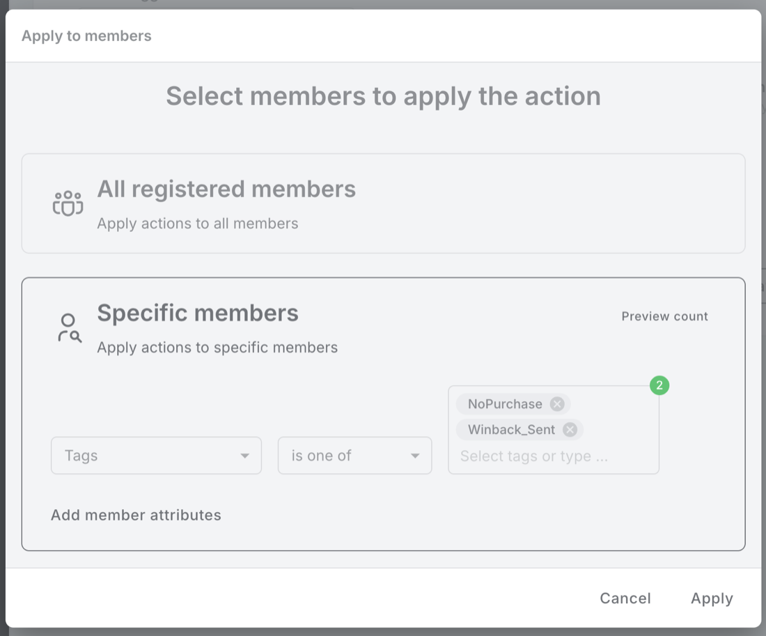 The Apply to members picker on the Rule, with Specific members selected and one row: Tags is one of NoPurchase and Winback_Sent