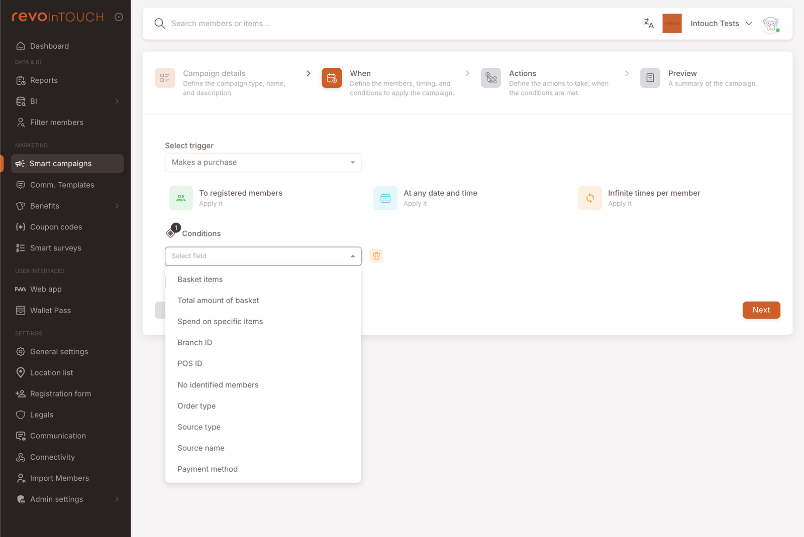 Step 2 with Makes a purchase selected, the three default tiles, and the Conditions field dropdown open