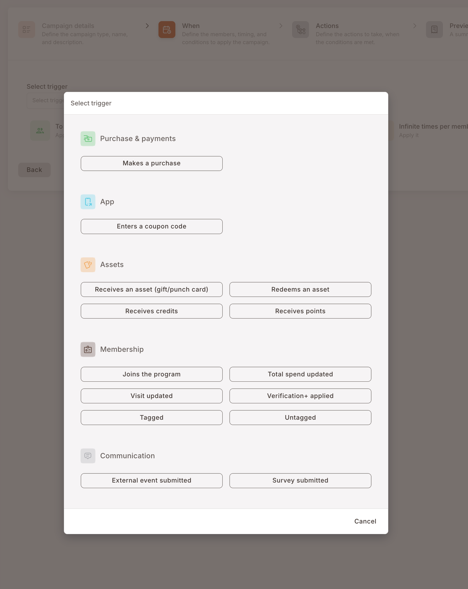The Select trigger modal, showing the five category groups (Purchase & payments, App, Assets, Membership, Communication) and the 14 triggers they contain