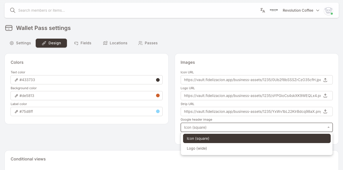 Das Bilder-Panel im Design-Tab — die Felder Icon URL, Logo URL und Strip URL, darunter das geöffnete Dropdown Google header image mit den beiden Optionen: Icon (square) und Logo (wide)