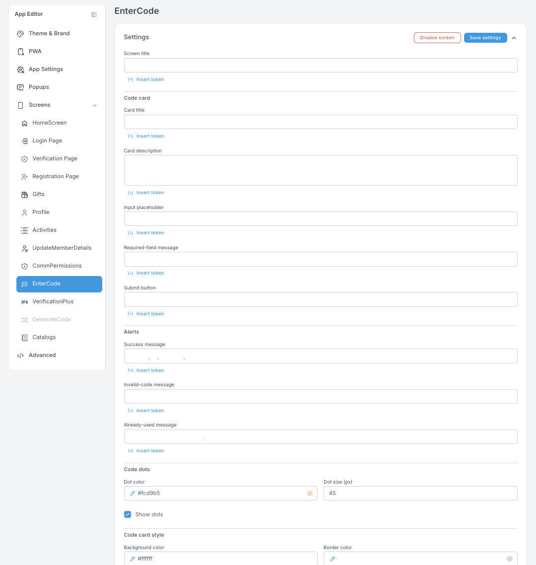 Einstellungen von EnterCode — Screen-Titel, Titel und Beschreibung der Code-Karte, Platzhalter im Eingabefeld, Pflichtfeld-Meldung, Submit-Button, drei Warnmeldungen und das Styling der Code dots