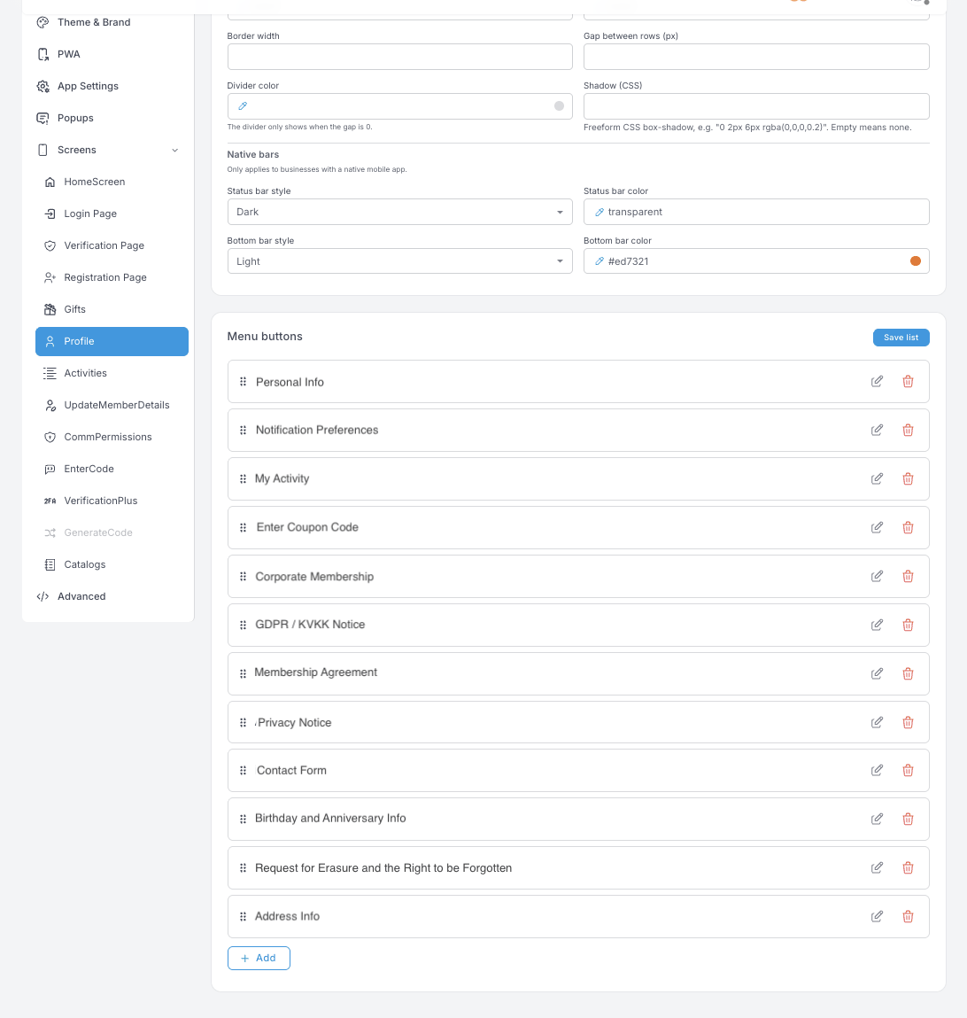 Menu buttons im Profile — eine sortierbare Liste mit Personal Info, Notification Preferences, My Activity, Enter Coupon Code, rechtlichen Hinweisen, Contact Form und einer Anfrage zur Datenlöschung