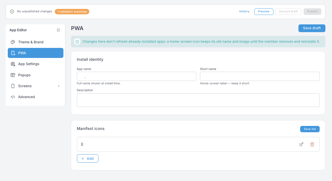 PWA-Panel — Install identity mit App name, Short name und Description sowie eine Liste der Manifest icons