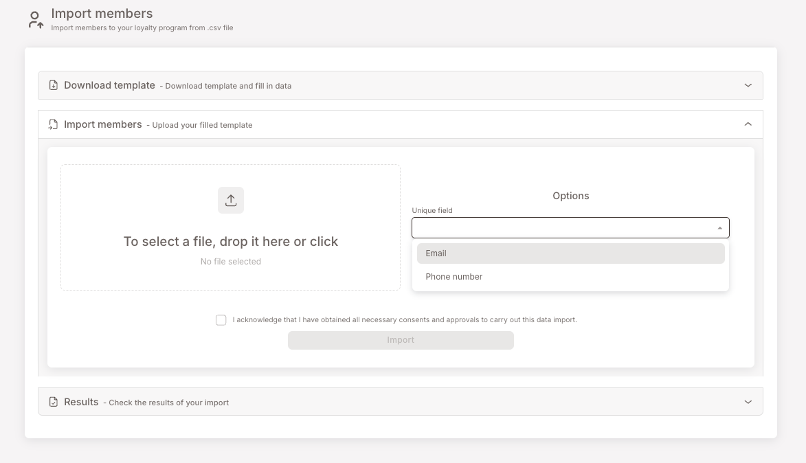Dropdown „Eindeutiges Feld" geöffnet, zeigt zwei Optionen: E-Mail (markiert) und Telefonnummer.