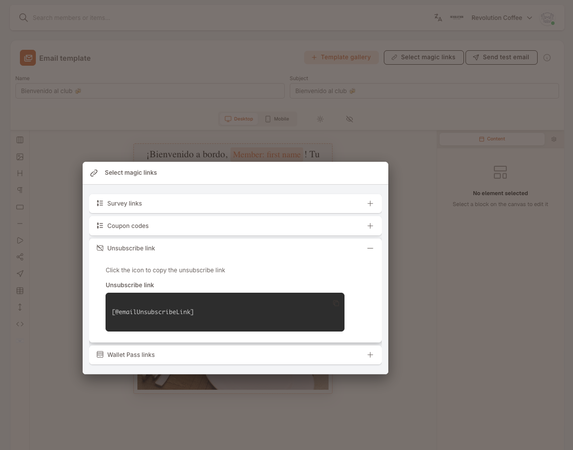Derselbe Picker mit erweitertem Abschnitt Abmeldelink. Dort steht "Click the icon to copy the unsubscribe link" über einem Feld "Unsubscribe link", das den Wert [@emailUnsubscribeLink] mit einem Kopiersymbol zeigt.