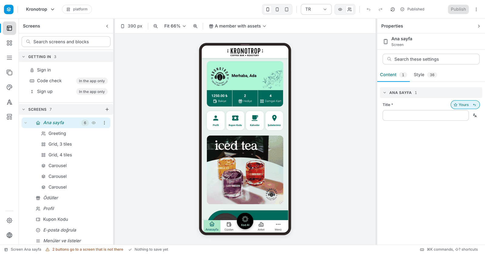 Der neue Editor: links eine schmale Symbolleiste und die Liste der Bildschirme, in der Mitte die App auf einem Handy, rechts das Panel Eigenschaften