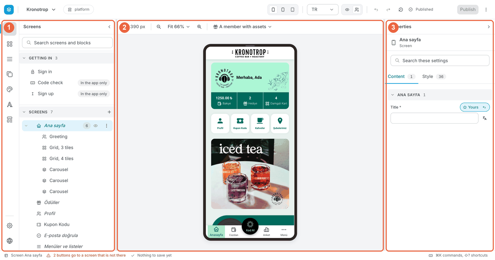 Der neue Editor mit seinen drei nummerierten Teilen: 1 die linke Leiste und die Liste der Bildschirme, 2 das Handy in der Mitte, 3 das Panel Eigenschaften rechts