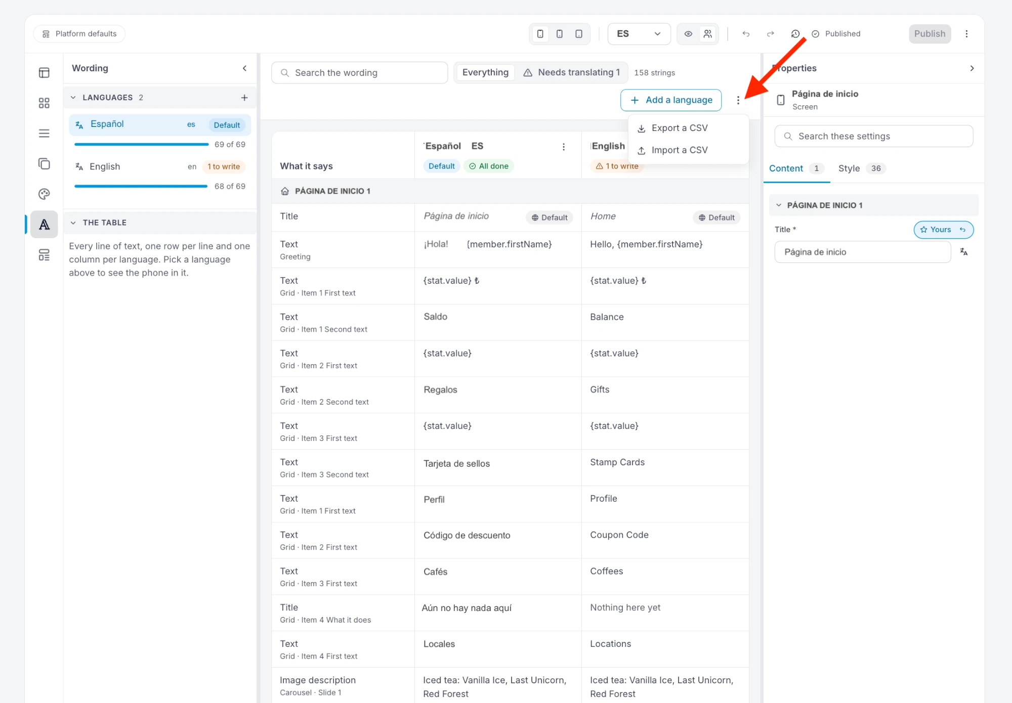 Die Texttabelle mit einer Spalte pro Sprache, Spanisch und Englisch, und das geöffnete ⋮-Menü neben der Schaltfläche zum Hinzufügen einer Sprache, mit den Einträgen zum Exportieren und Importieren einer CSV