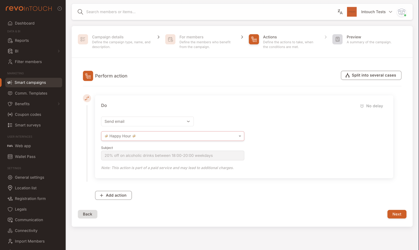 Paso 3 — Acciones con una única acción Enviar email apuntando a la plantilla Happy Hour, asunto tomado de la plantilla