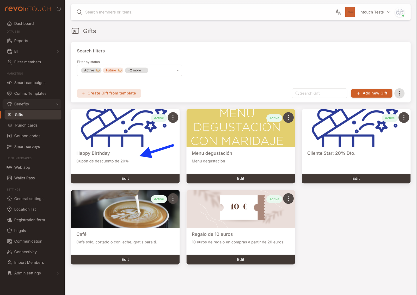 Lista de Beneficios → Regalos con el regalo "Happy Birthday" preconfigurado (un cupón de 20% de descuento) visible entre los demás activos Regalo del tenant