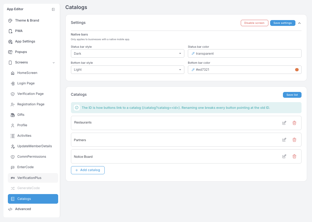Ajustes de Catalogs — Native bars y una lista de Catalogs con Restaurants, Partners y Notice Board