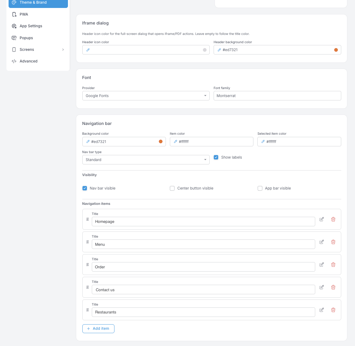 Bloque Navigation bar — color de fondo, colores de los elementos y del elemento seleccionado, Nav bar type, Show labels, tres casillas de Visibility y una lista reordenable de Navigation items