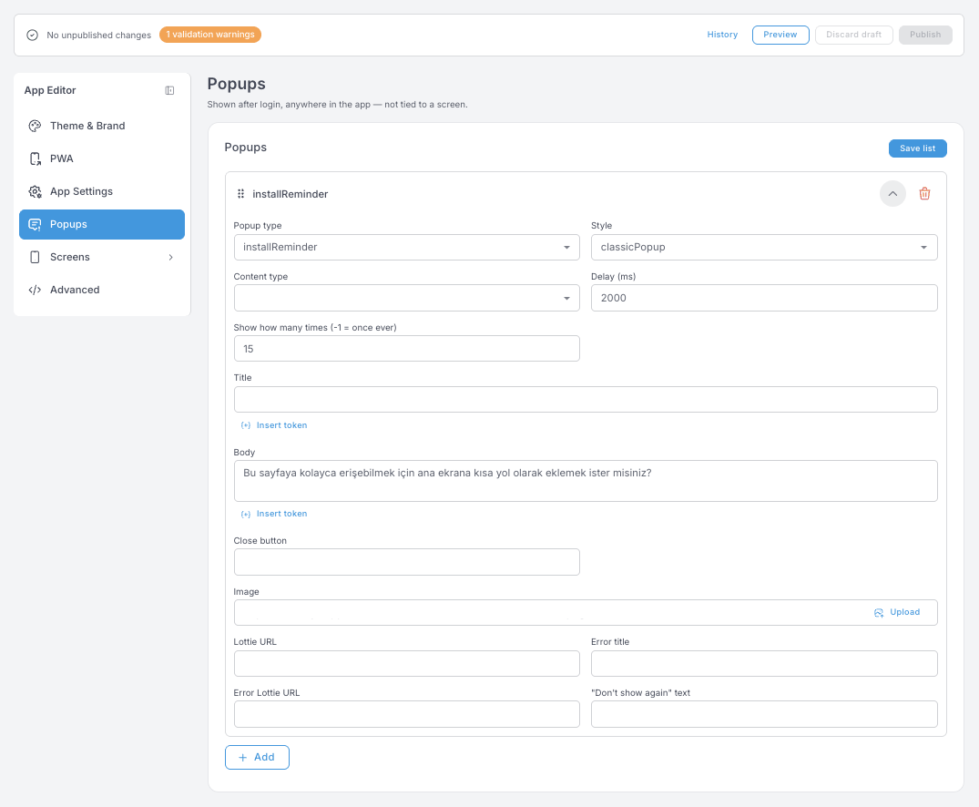 Panel Popups — un popup installReminder desplegado, con los campos Popup type, Style, Content type, Delay, límite de frecuencia, Title, Body e Image