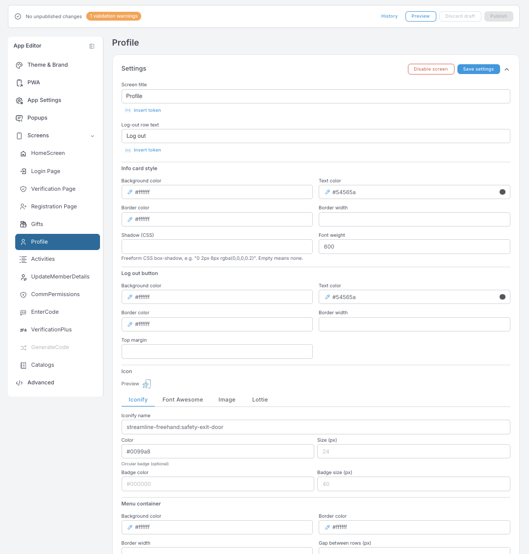 Ajustes de Profile — título de pantalla, texto de la fila de cierre de sesión, estilo de la tarjeta de información y del botón de cierre de sesión, un selector de iconos con las pestañas Iconify / Font Awesome / Image / Lottie, y el estilo del contenedor del menú