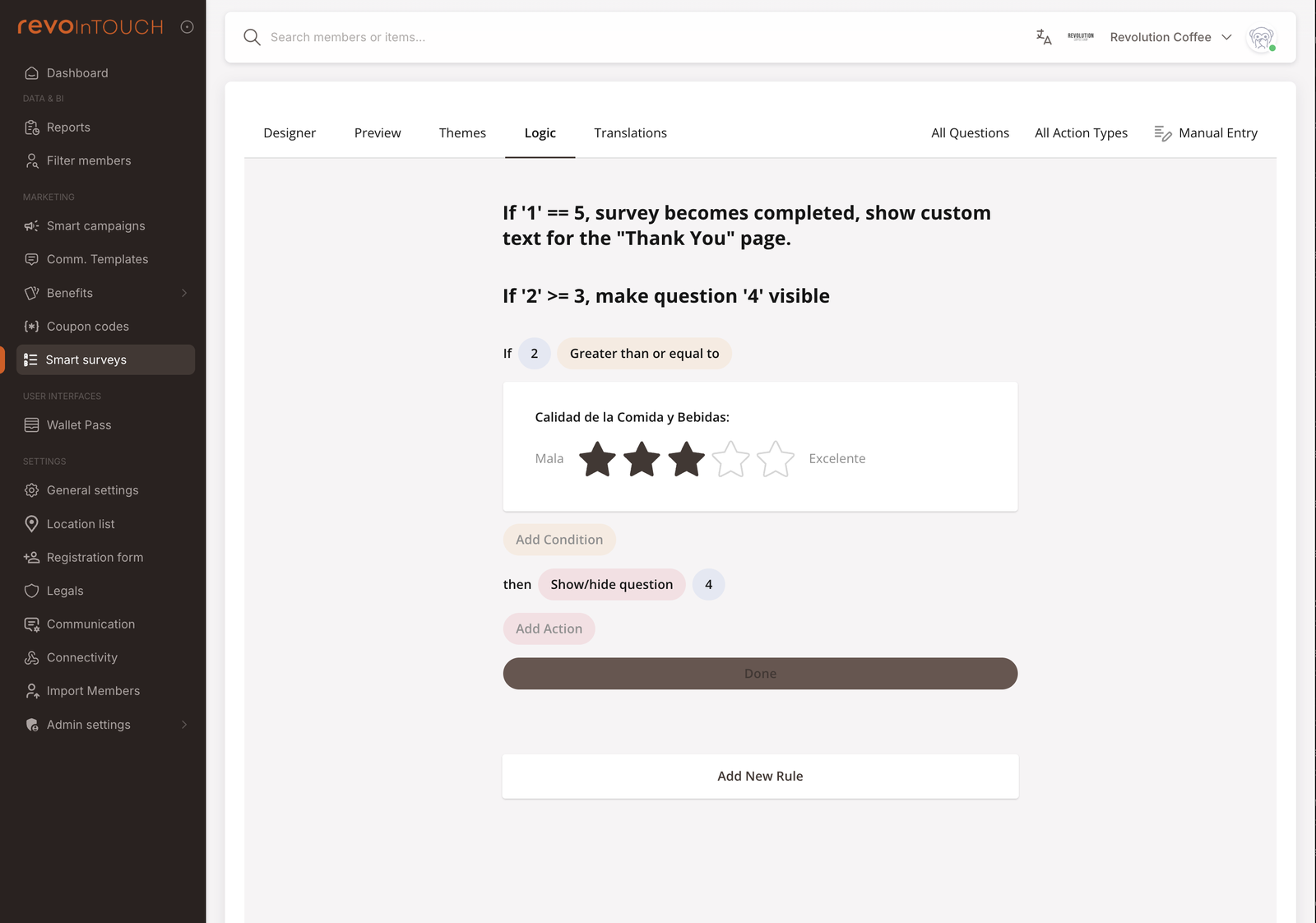 La pestaña Logic en el constructor de encuestas. Barra de pestañas superior: Designer / Preview / Themes / Logic (seleccionada) / Translations. El lienzo muestra una lista de reglas — cada fila dice "Si <pregunta> <es / no es / contiene> <valor>, entonces <saltar pregunta / mostrar pregunta / ir a página / completar encuesta>". Un botón Añadir regla abajo. El panel derecho muestra los controles de edición de la regla cuando hay una seleccionada.