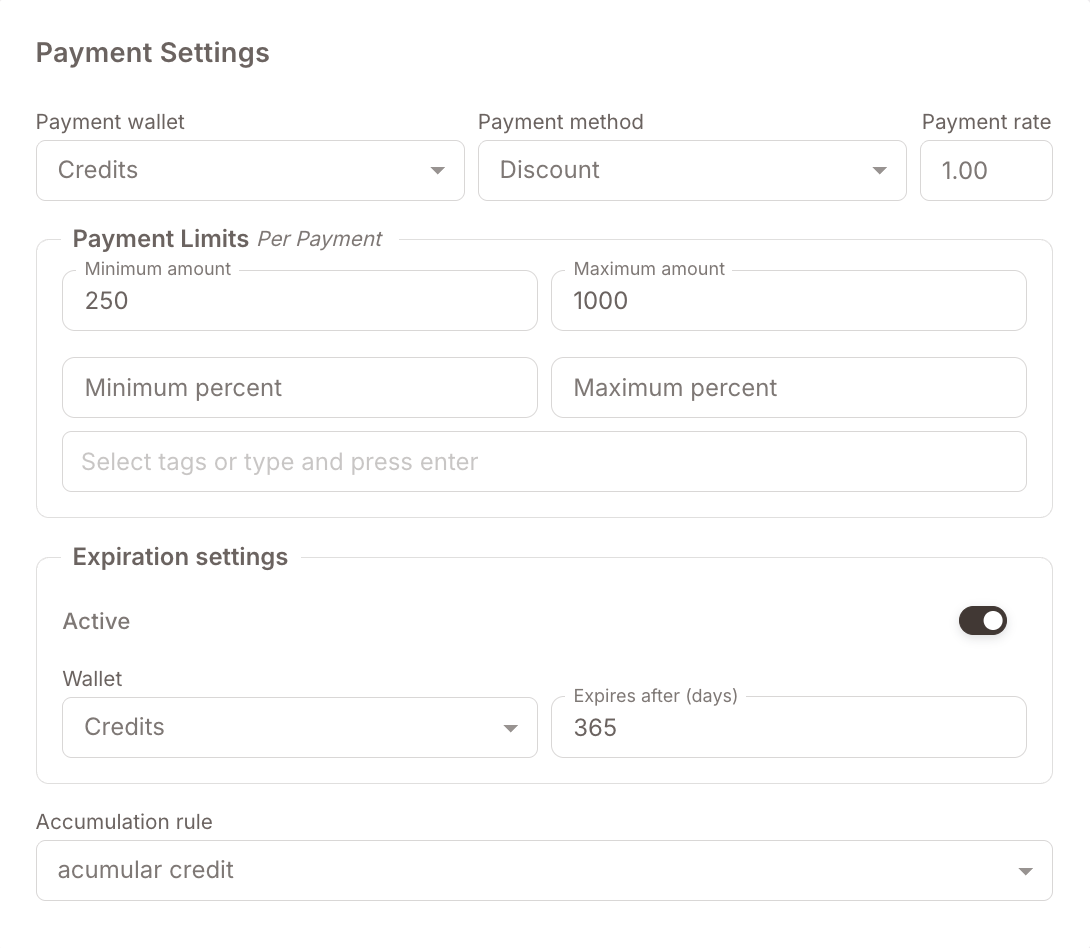 Ödeme ayarları kartı. Ödeme cüzdanı Krediler, Ödeme yöntemi İndirim, Ödeme oranı 1,00. Ödeme Başına Ödeme Limitleri: Minimum tutar 250, Maksimum tutar 1000, yüzde ve etiket hariç tutma alanları boş. Sona erme ayarları: Aktif açık, Cüzdan Krediler, (gün) sonra sona erer 365. Altında seçili Birikim kuralı.