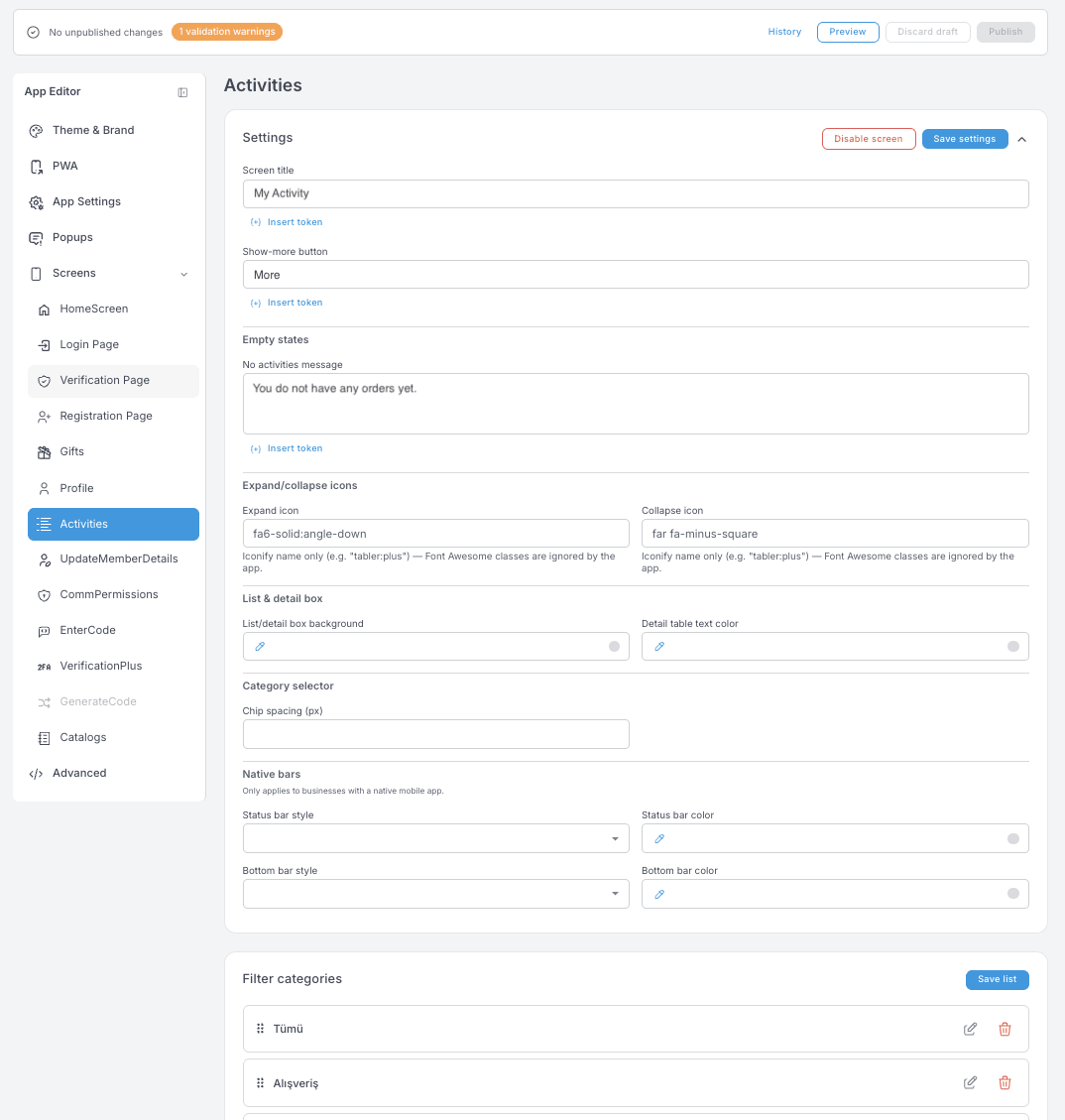Activities ayarları — ekran başlığı, Show-more button, boş durum, genişletme ve daraltma ikonları, liste ve detay kutusu stilleri ve bir Filter categories listesi