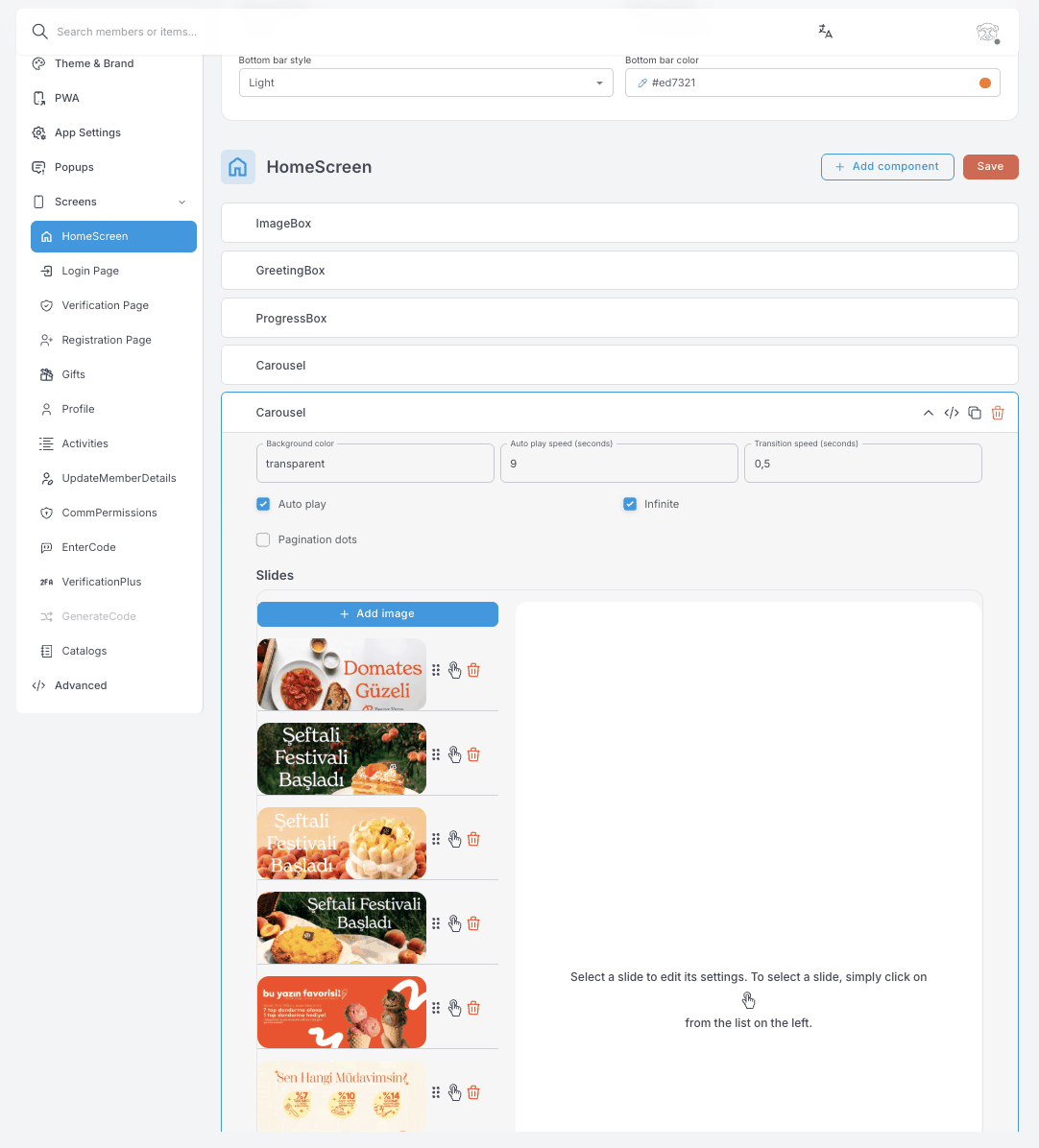 Açılmış bir Carousel bileşeni — arka plan rengi, Auto play hızı, Transition speed, Auto play, Infinite ve Pagination dots seçenekleri ve yeniden sıralanabilir bir slayt küçük resmi listesi