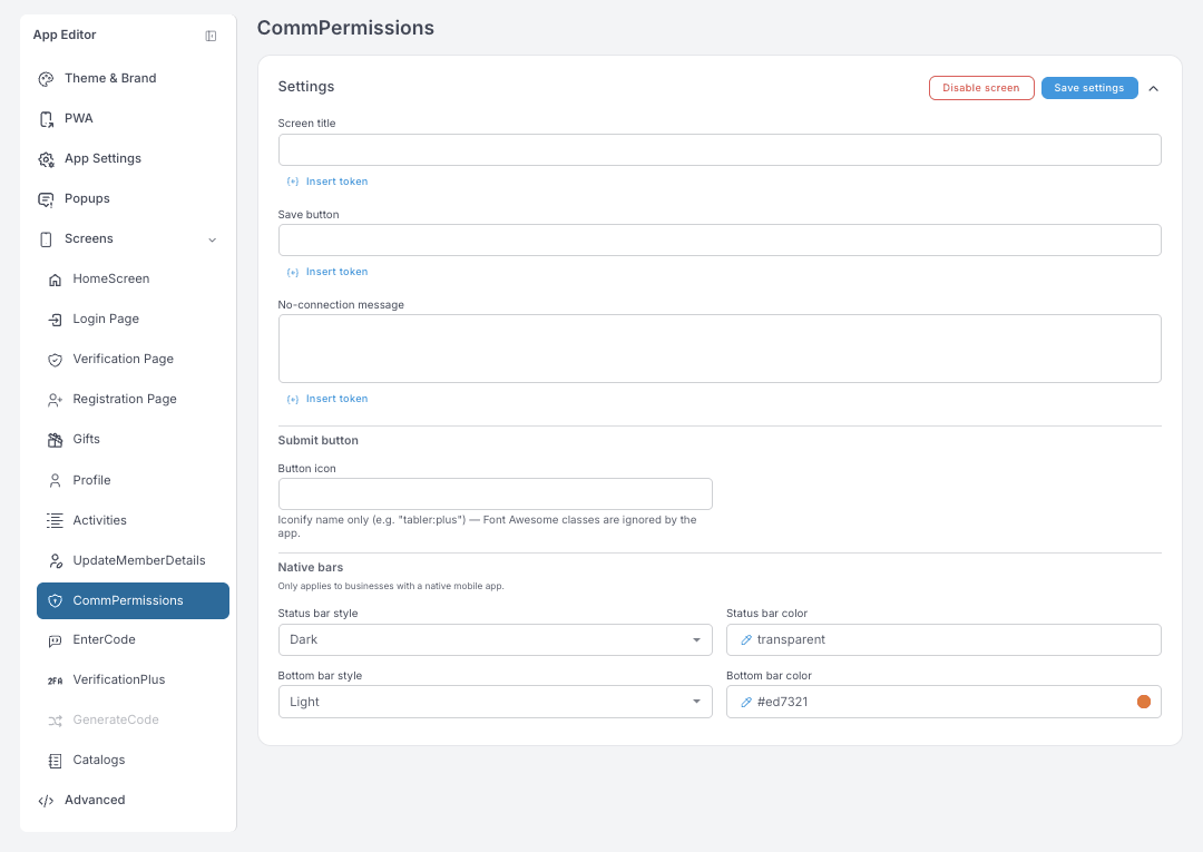 CommPermissions ayarları — ekran başlığı, kaydet butonu, No-connection mesajı ve gönder butonu için bir ikon alanı