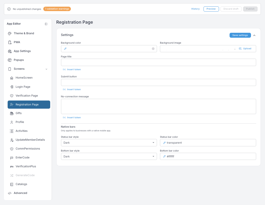 Registration Page ayarları — arka plan, sayfa başlığı, gönder butonu ve No-connection mesajı