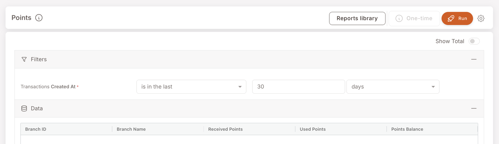 Puanlar raporu. Filtre: Transactions Created At (İşlem Oluşturulma Tarihi) son 30 gün içinde. Görünür veri tablosu başlıkları: Branch ID (Şube ID), Branch Name (Şube Adı), Received Points (Kazanılan Puanlar), Used Points (Harcanan Puanlar), Points Balance (Puan Bakiyesi). Bu ekran görüntüsünde veri alanı boş — program ya puan vermiyor ya da dönemde puan etkinliği gerçekleşmemiş.